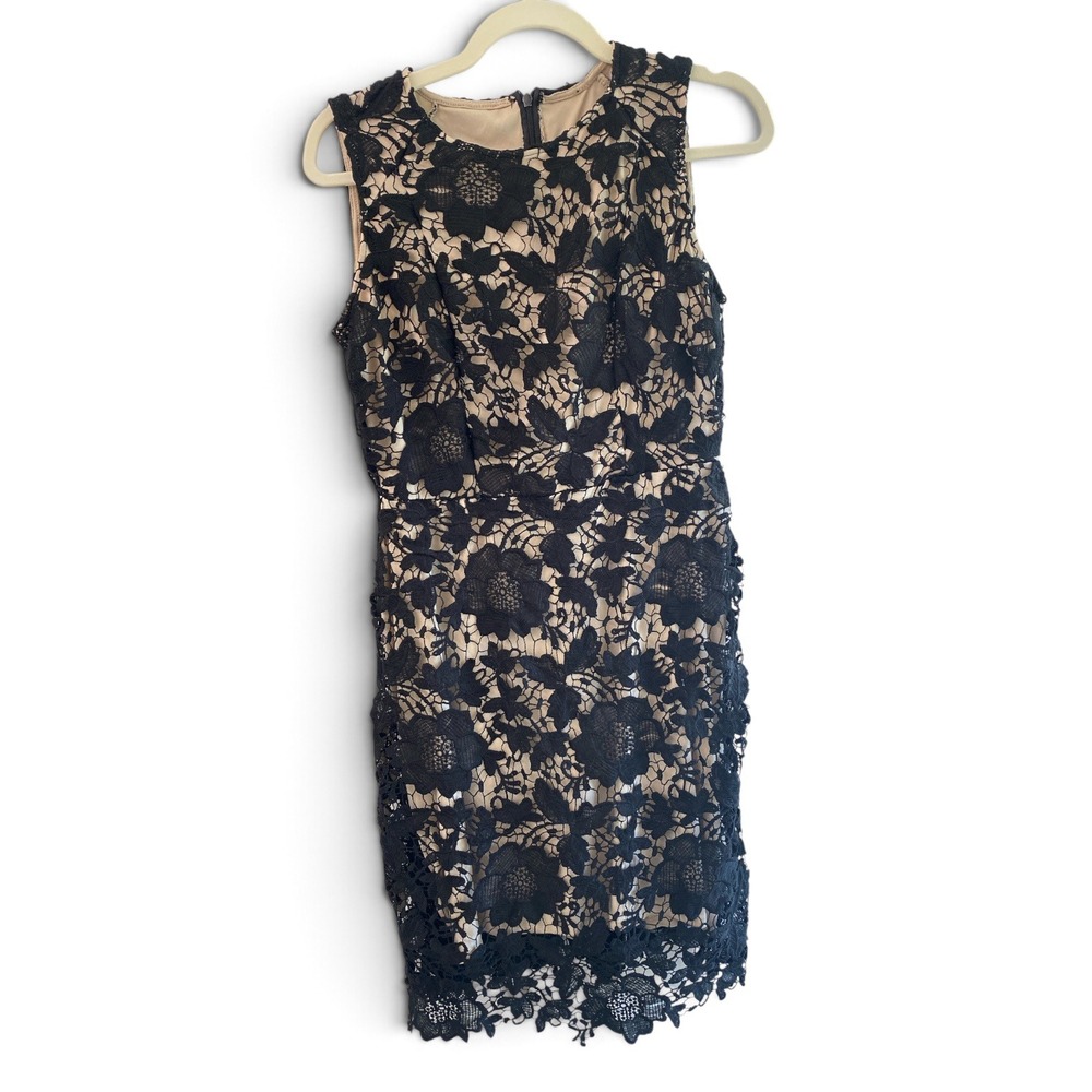 Ryan Michelle Womens Black Floral Lace Sheath Dress Tan Lining Size L DR08